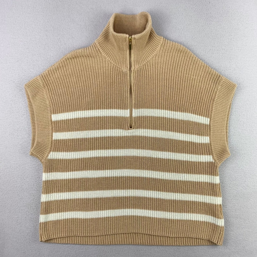 Broadway 38 Sweater Womens M Tan Striped Quarter Zip Short Sleeve Gold Zip